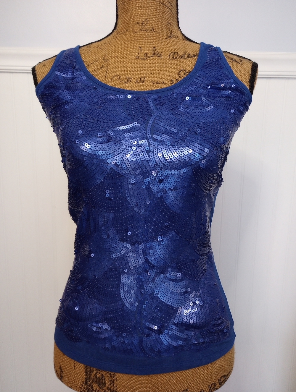 A/X Armani Exchange Blue Sequin Embellished Cotton Blend Ribbed Tank Top Size XS